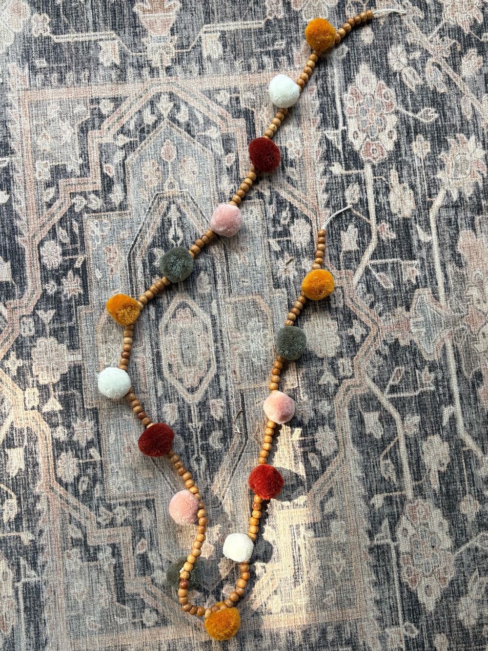 Multicolor Pom Pom Wood Bead Garland